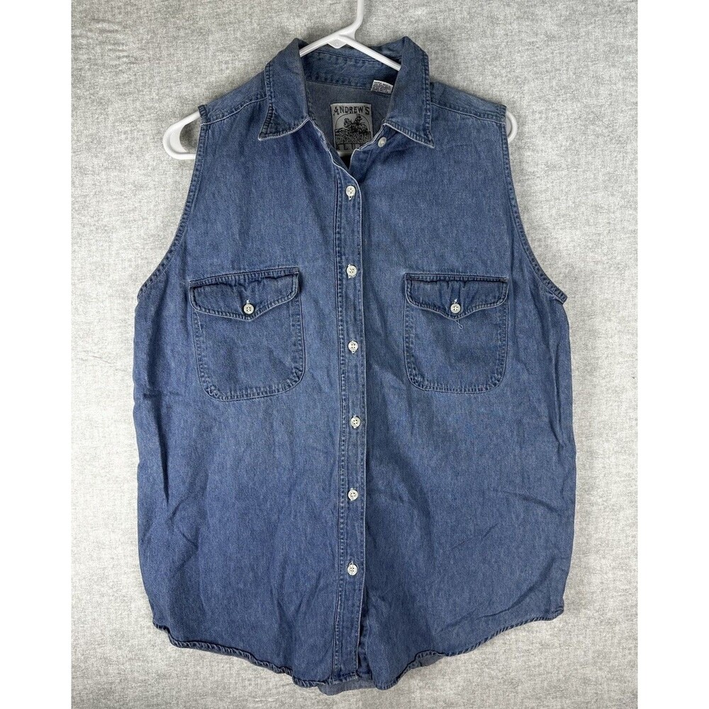Vintage Andrew's Blues Shirt Woman Large Blue Denim Sleeveless Cowgirl Western